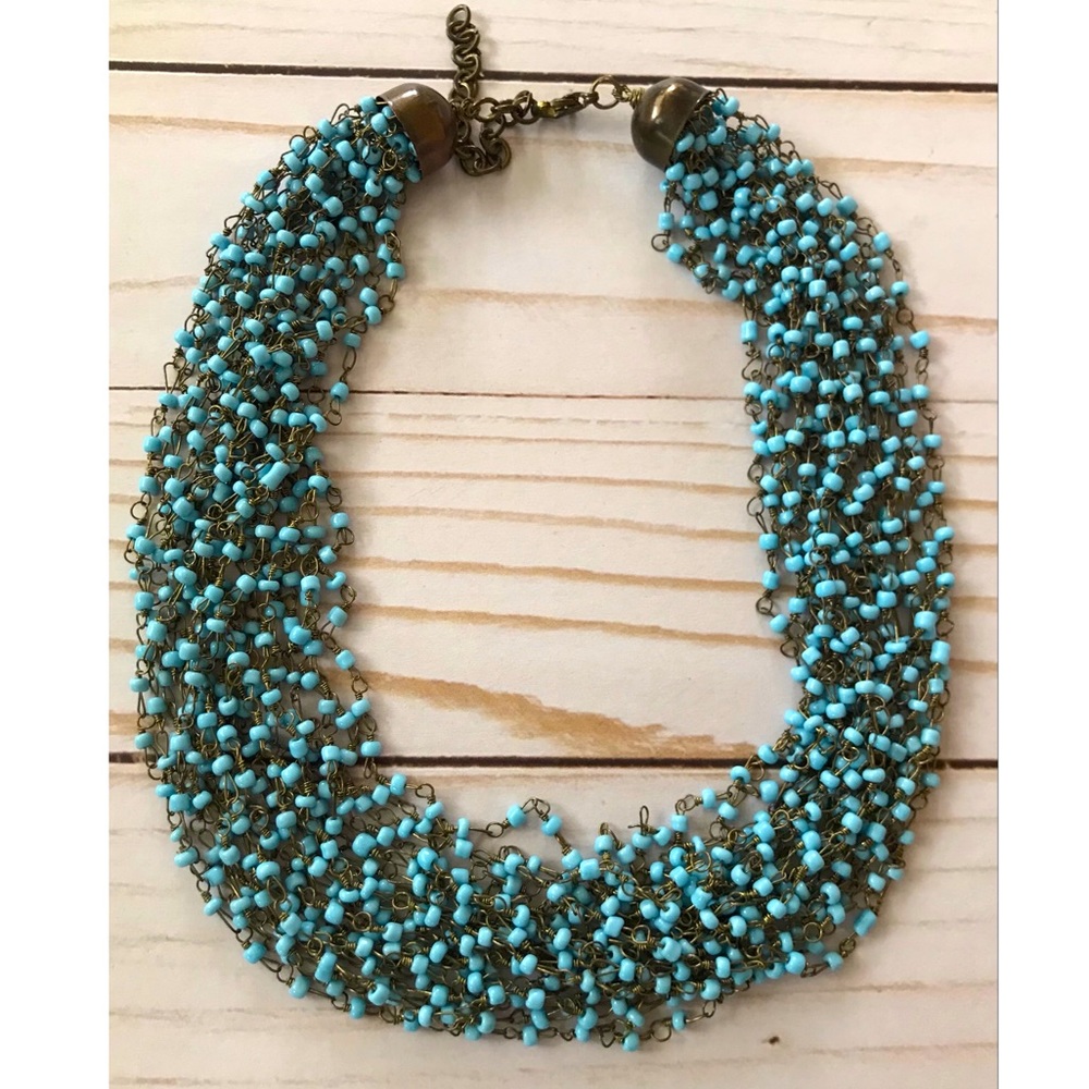 Aqua Chunky Seed Boho Beaded Crochet Necklace